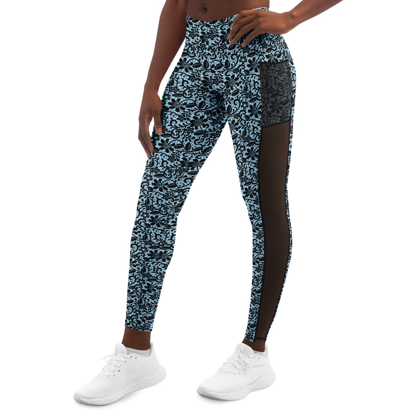 Blue and Black Lace Mesh Pocket Legging