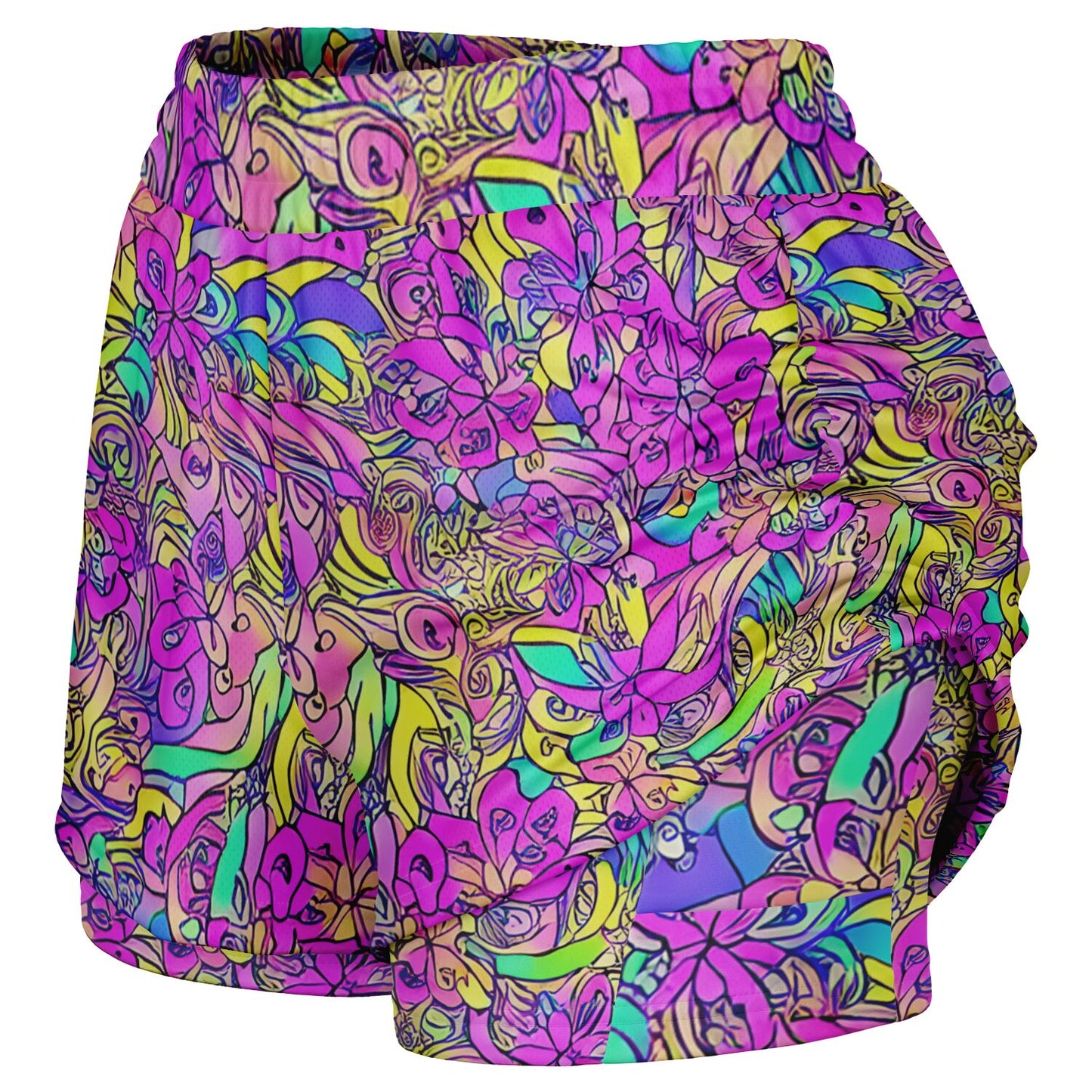 Pink Flower Pattern Women's 2-in-1 Shorts - Purdy Funk