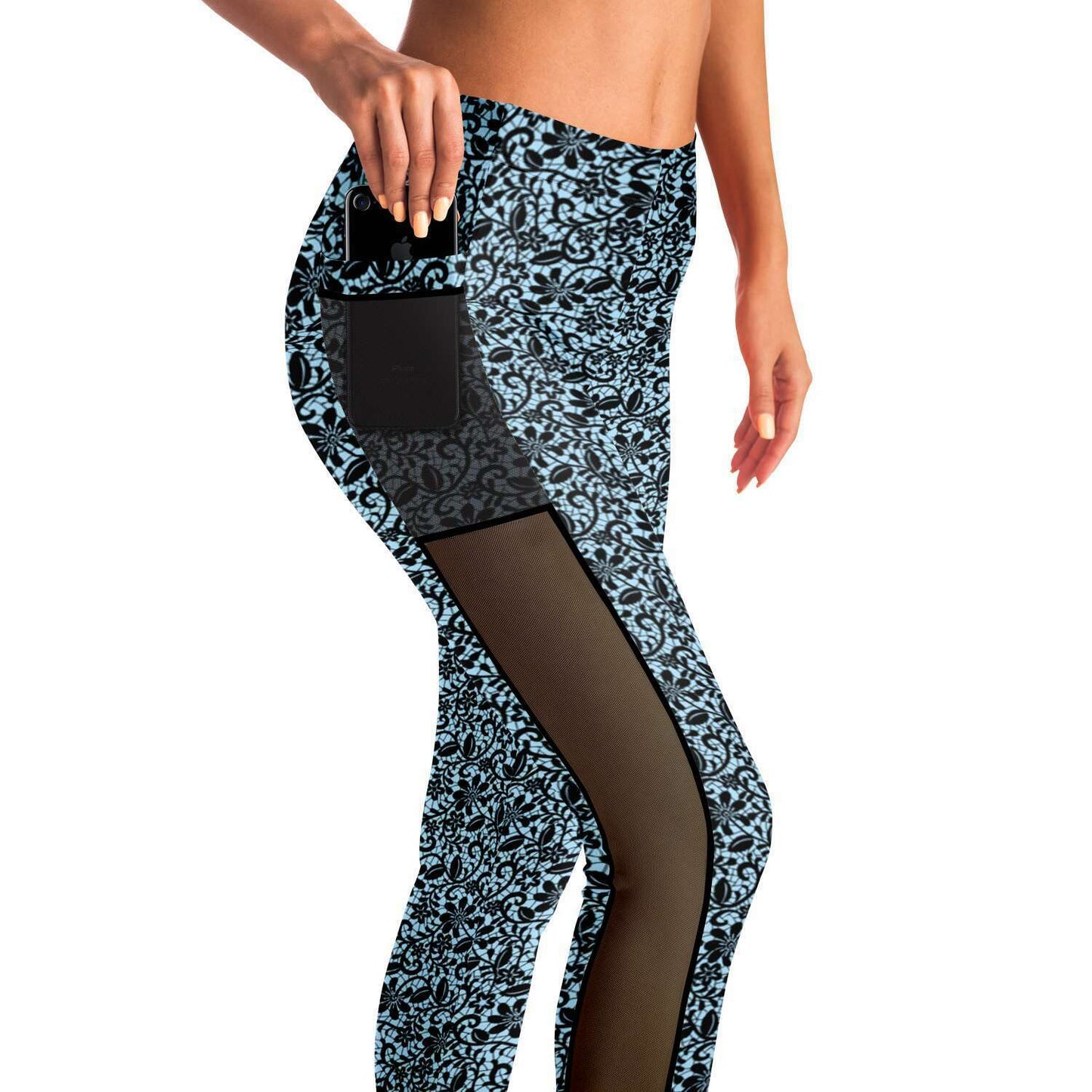 Blue and Black Lace Mesh Pocket Legging