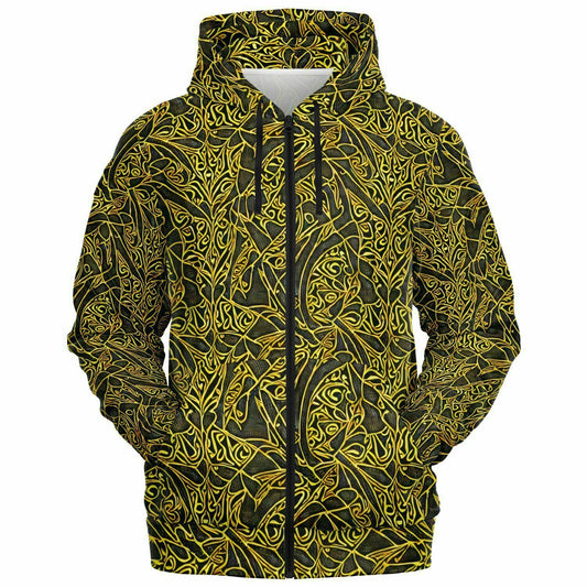 Striking Gold & Black Zip-Up Hoodie: Intricate Design, Premium Comfort - Purdy Funk