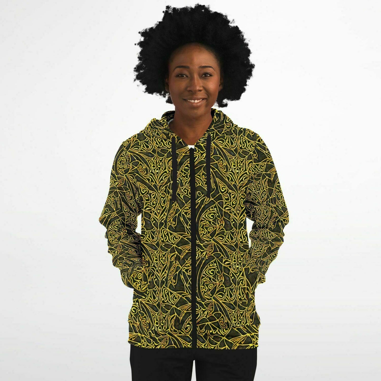 Striking Gold & Black Zip-Up Hoodie: Intricate Design, Premium Comfort - Purdy Funk