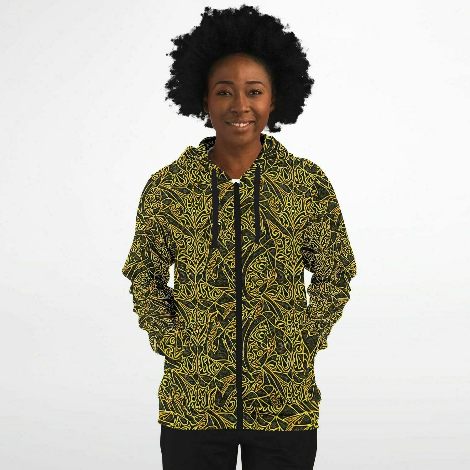 Striking Gold & Black Zip-Up Hoodie: Intricate Design, Premium Comfort - Purdy Funk