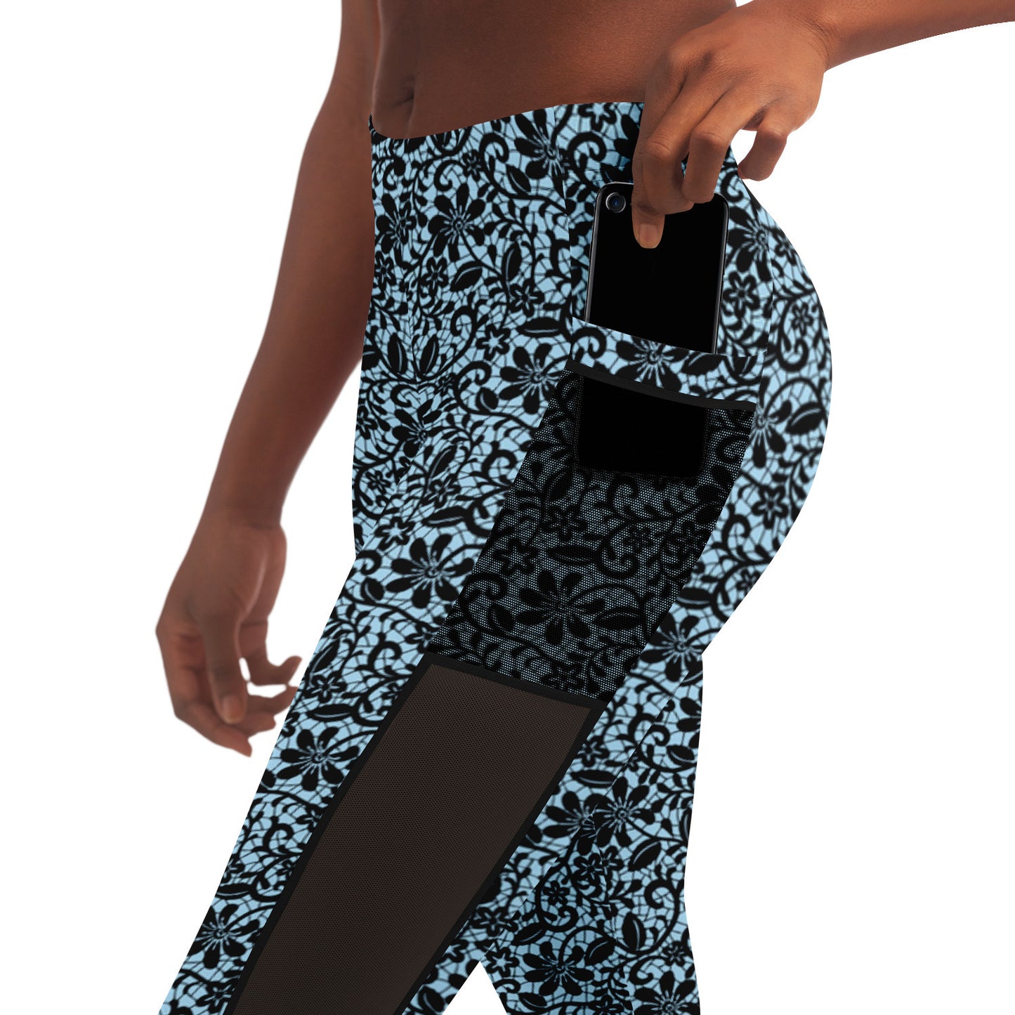 Blue and Black Lace Mesh Pocket Legging