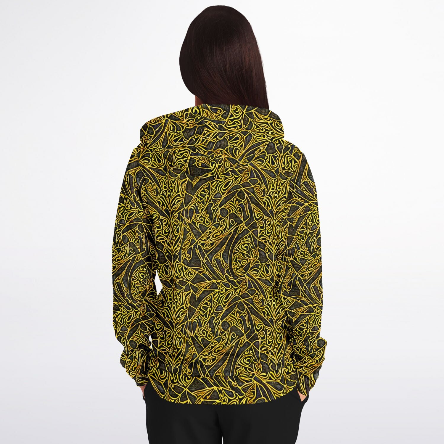 Striking Gold & Black Zip-Up Hoodie: Intricate Design, Premium Comfort - Purdy Funk