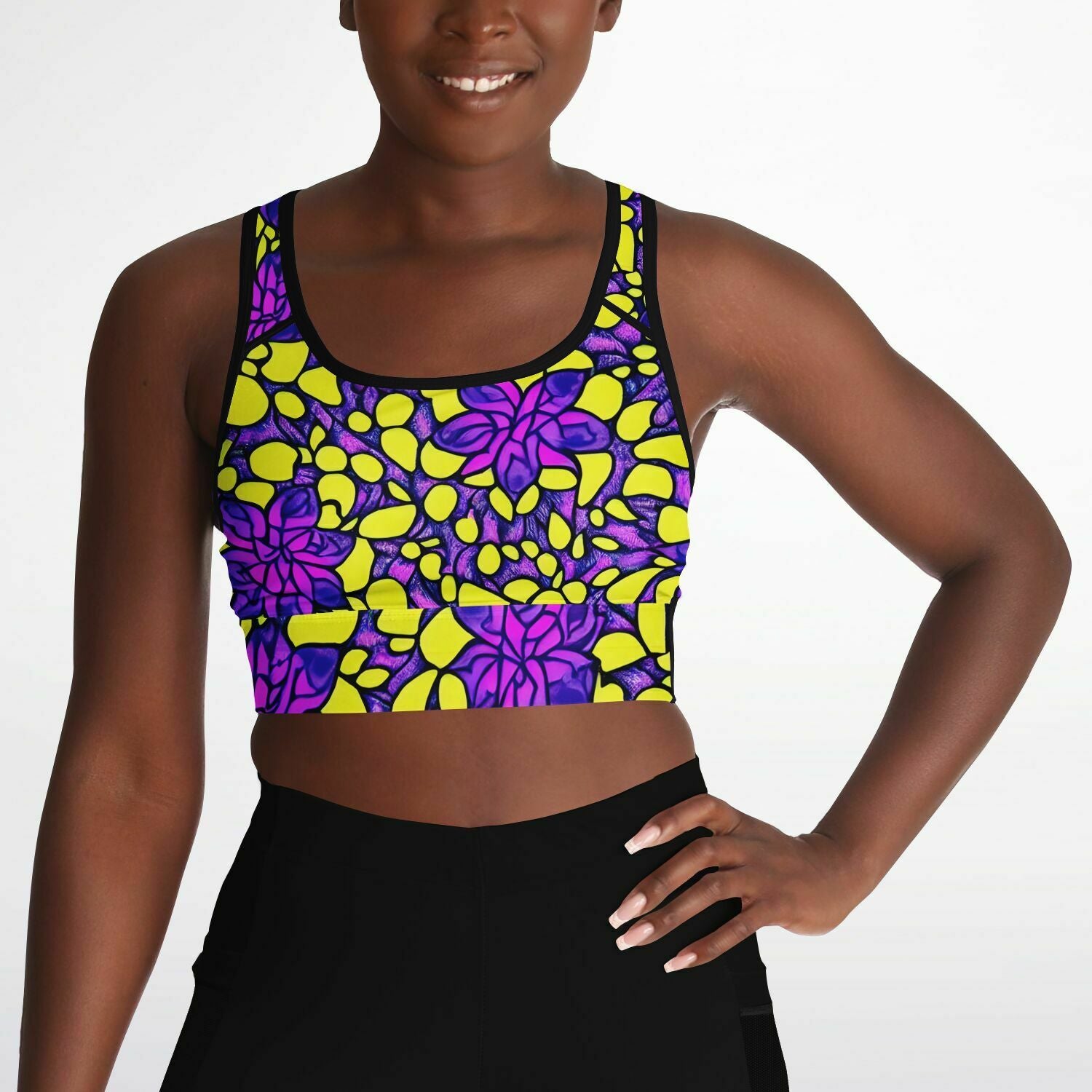 Vibrant Flower Print Mesh Padded Sports Bra - Purdy Funk