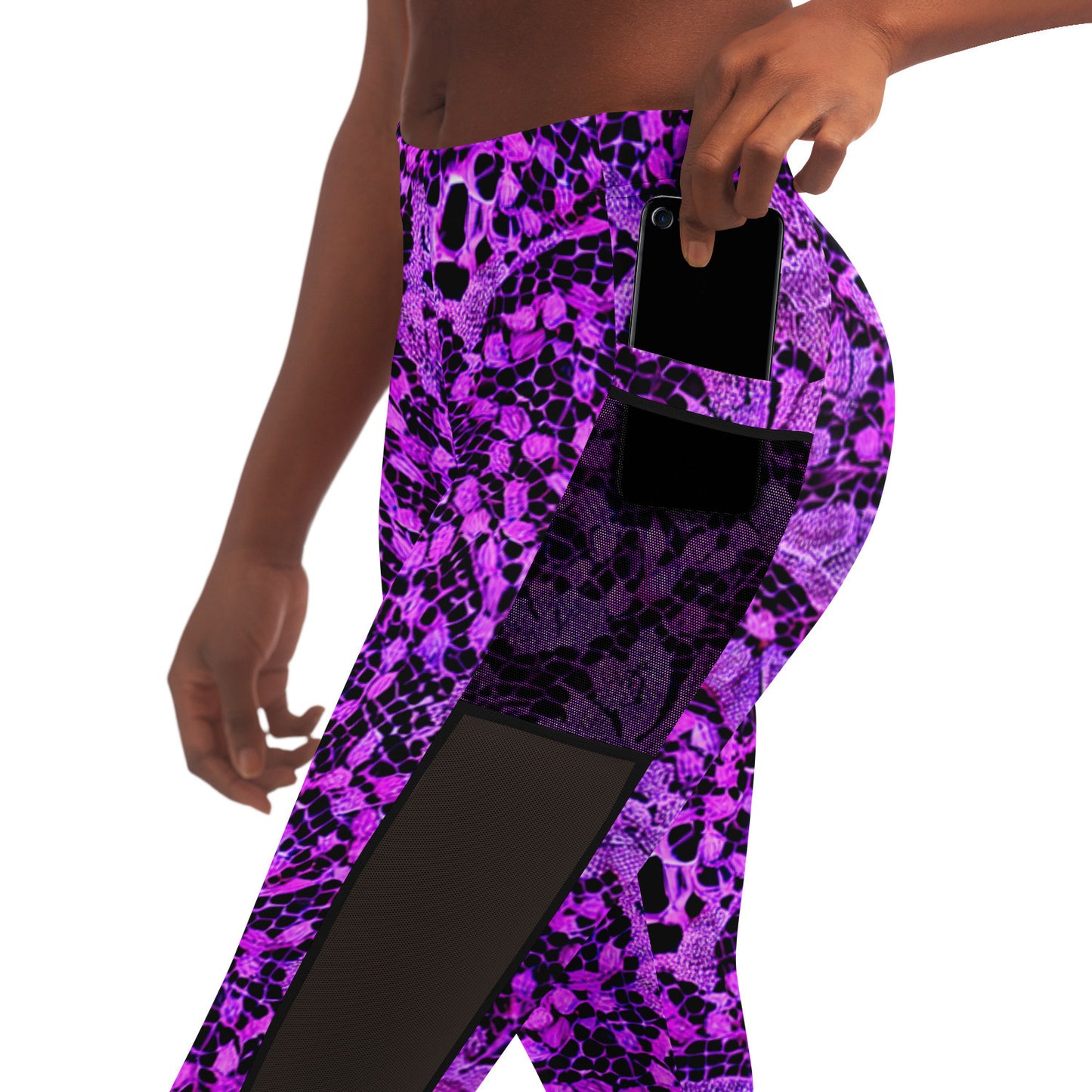 Black and Purple Lace Mesh Pocket Leggings - Purdy Funk